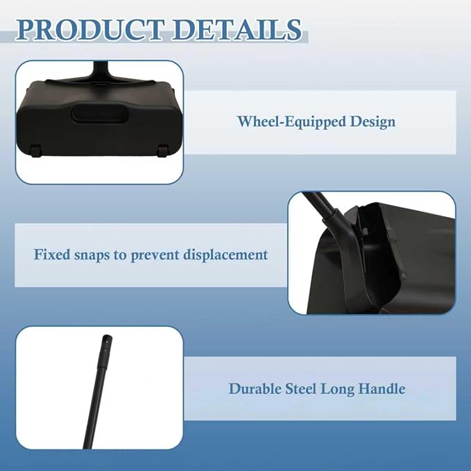 Broom and Dustpan Set， Dust Pan and Broom Combo | Long Handle and Wheels, Upright Standing，Heavy Duty，Large， for Indoor Outdoor, Kitchen, Garage, Restaurant Cleaning –Black