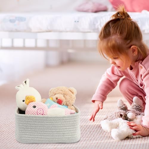 XUANGUO Small Woven Storage Baskets for Shelves, 12" x 8" x 5", Gray | Decorative rope storage bins for closets and toy storage; cute organizer baskets, empty gift baskets and nursery storage.