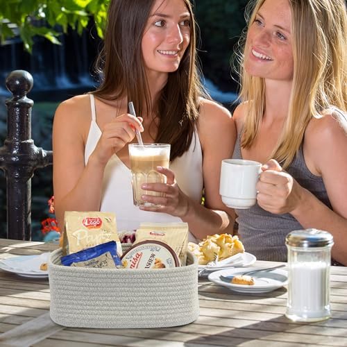 XUANGUO Small Woven Storage Baskets for Shelves, 13" x 9" x 5", Gray | Decorative rope storage bins for closets and toy storage; cute organizer baskets, empty gift baskets and nursery storage.