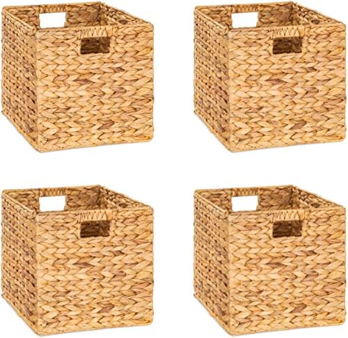 M4DECOR 12x12x12 Storage Cube, Water Hyacinth Storage Baskets, Wicker Storage Baskets for Shelves, Woven Baskets for Storage, Square Wicker Storage Basket for Bedroom, Living Room (4 Packs 12x12in)