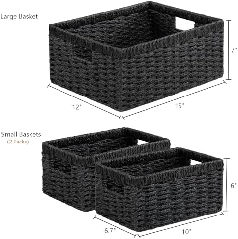 Vagusicc Wicker Storage Basket, Set of 3 Wicker Basket, Hand-Woven Paper Rope Storage Baskets for Organizing, Large Cube Storage Organizer Bins Baskets for Shelves Small Toilet Paper Baskets, Black