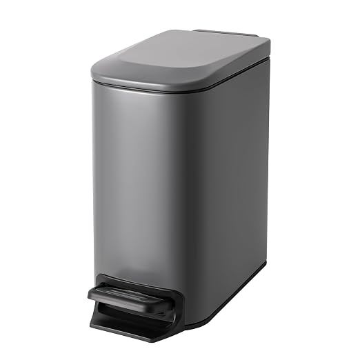 Cesun Small Bathroom Trash Can with Lid, 1.6 Gal, Soft Close, Gray | Step pedal soft close, Slim 5.9in fits narrow spaces, Stainless steel, Anti-fingerprint, Removable inner bucket, Odor seal