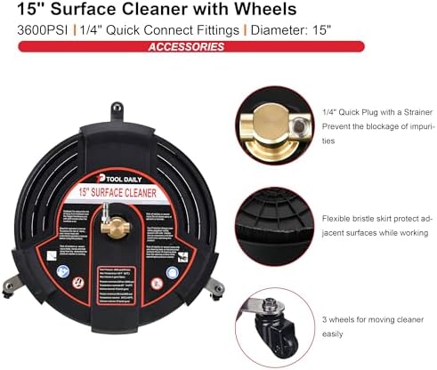Tool Daily 15 Inch Pressure Washer Surface Cleaner with 3 Wheels, Pressure Washer Nozzle Tips Multiple Degrees