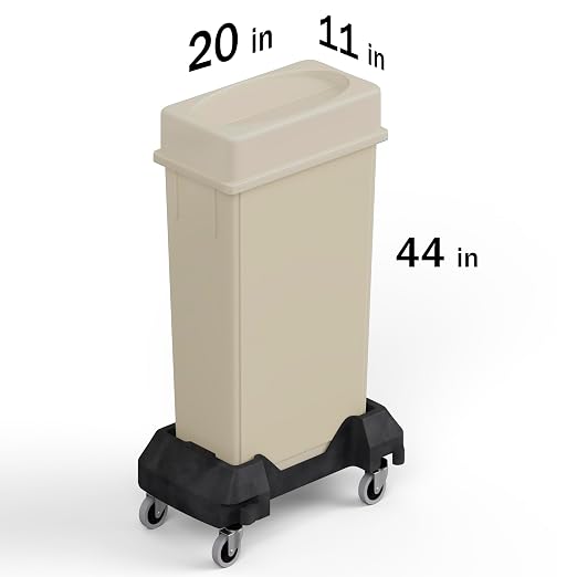 23 Gallon Beige Rectangular Slim Trash Can with Drop Shot Lid and Dolly | Great for Home, Commercial, or Restaurant Use.