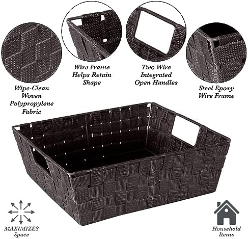 Simplify Large Shelf Woven Strap Tote | Decorative Storage Basket | Built in Handles | Organization | Closet | Bedroom | Bathroom | Nursery | Accessories | Toys | Gifts | 2 Pack | Chocolate