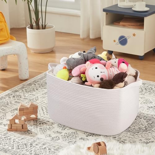 OIASKET White Storage Baskets for Organizing, Toy Basket Storage Kids, Nursery Cotton Rope Baskets for Living Room, Deorative Organizer Bin Box (White)