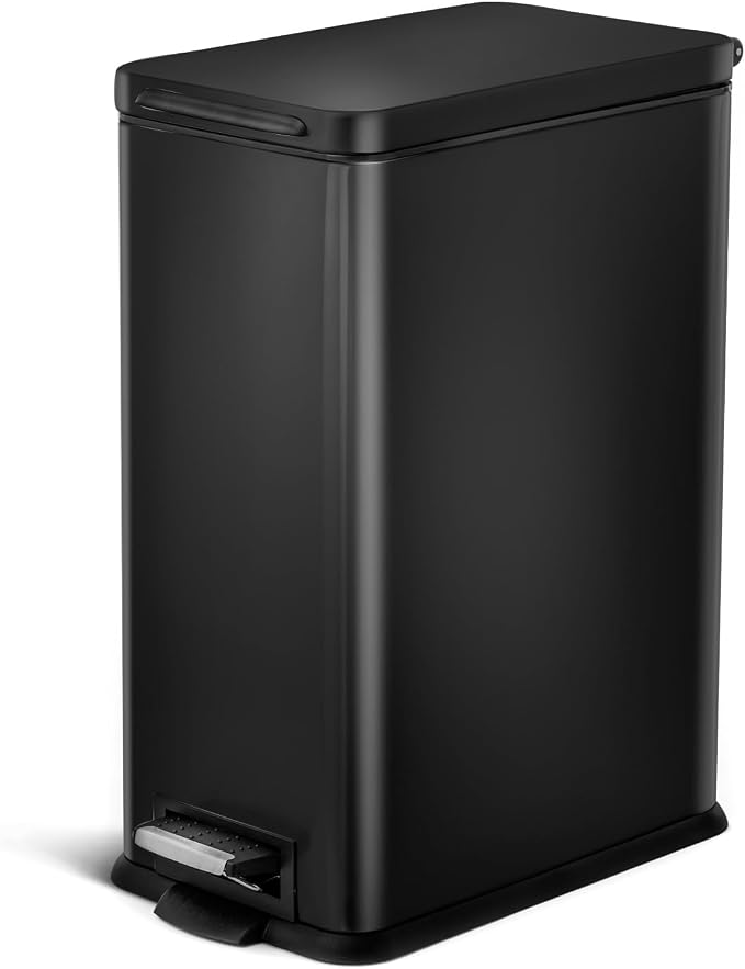 Home Zone Living 8 Gallon Slim Kitchen Trash Can with Soft Close Lid, Step Pedal, Bag Tuck Band, and Removable Liner, Stainless Steel, Matte Black