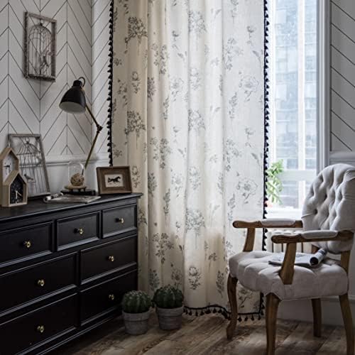 Sutuo Home Boho Curtain with Handmade Tassels, Rod Pocket Window Treatment Vintage Rustic Bohemian French Farmhouse Semi-Blackout Print Drape for Bedroom, 1 Panel 59" W x 84" L,Grey Floral