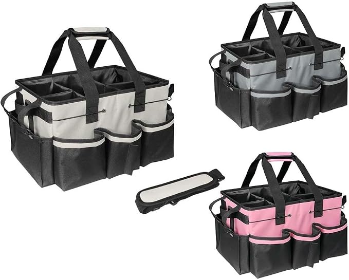 Large Cleaning Caddy Bag with Removable Divider - 600D Oxford Storage Organizer for Supplies, Tools, Spray Bottles - Portable Tote for Housekeeping, Gardening, Car Trunk - Black 14x10x9 Inch(White)