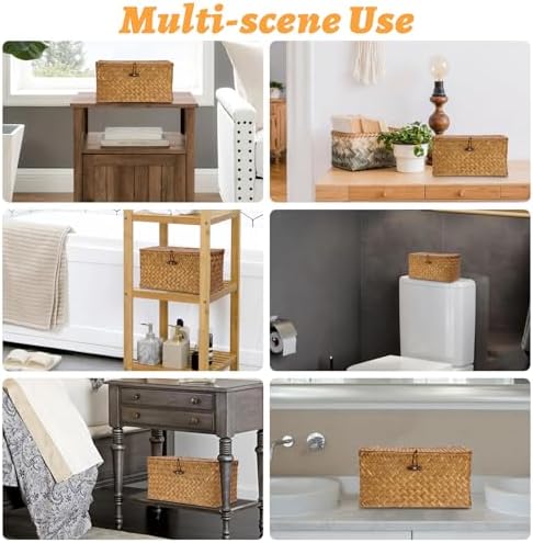 Sumnacon Wicker Basket with Lid,Tampon Holder for Bathroom,Caramel,Medium | Natural Seagrass Female Product Organizer for Toiletries Pad Tampon Storage,Farmhouse Woven Baskets for Shelf, Toilet Tank