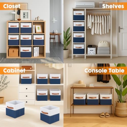 ShellKingdom Storage Bins, Two-Tone Foldable Fabric Storage Cubes with Leather Handle for Closet Toys Clothes Storage Organizer Drawer, 10.5 X 10.5 X 11 inch (White/Dark Blue)
