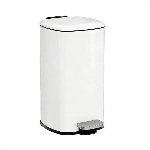 Garvee Bathroom Trash Can with Lid, 2.4 Gallon Slim Garbage Can, White | Step Pedal, Soft-close Lid, Rear Handle, Removable Plastic Inner Liner with Trash Bag Retainer Ring, for Kitchen, Office