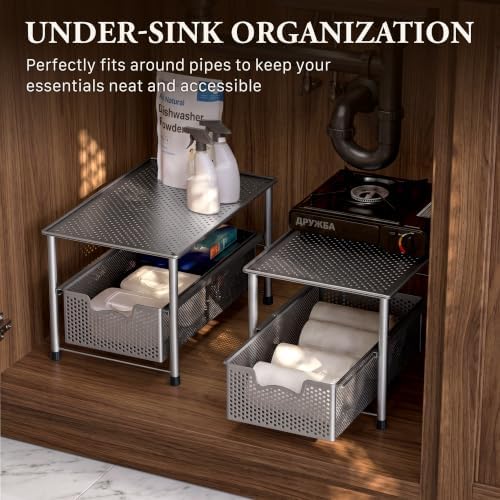 Simple Houseware Stackable Under Sink Sliding Basket Drawer, Silver | Perforated Free Standing Organizer, Kitchen/Pantry/Cabinet/Counter