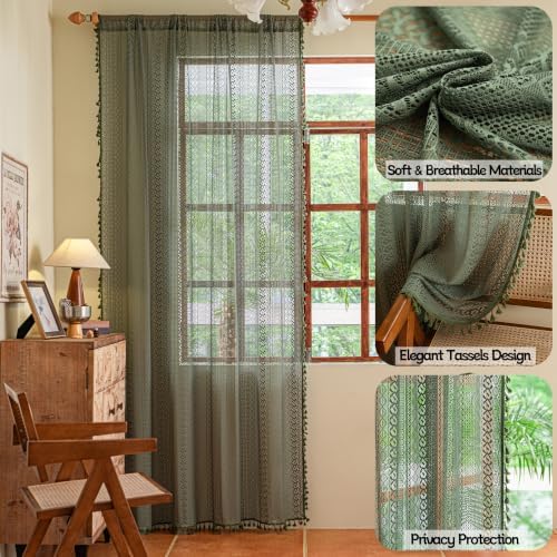 Sutuo Home Olive Green Boho Curtains 84 inches Long for Bedroom Living Room, Crochet Lace Sheer Bohemian Hollow Geometry Knitted Handmade Tassels, Privacy Vintage Farmhouse, 1 Panel 59" W x 84" L
