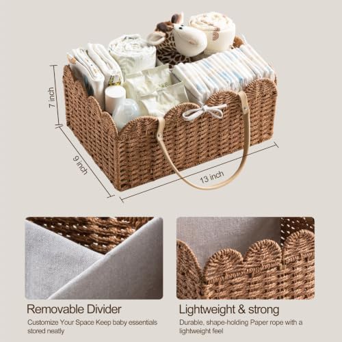 HBlife Baby Diaper Caddy, Paper Rope Storage Baskets Nursery Bin with Removable Divider, Portable Car Organizer for Diapers, Baby Shower Gifts, Newborn Essentials Must Haves