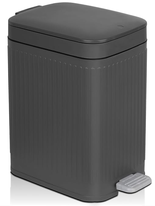 rejomiik Small Bathroom Trash Can with Lid Slim Soft Close Garbage Can Step Wastebasket Container Trash Bin for Office Bedroom Kitchen Living Room (2.6 Gallon Dark Gray) | Garbage Can with Pedal for Office, Bedroom, Kitchen & Living Room, Narrow Plasti...