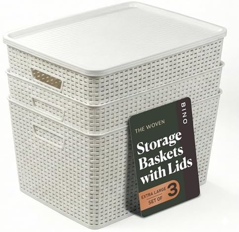 BINO | Plastic Storage Baskets with Lids, 33 Liter - 3 Pack, White | THE WOVEN COLLECTION | Storage Basket for Shelves | Woven Storage Baskets for Organizing Bins Pantry Shelf Organizer Container Bin
