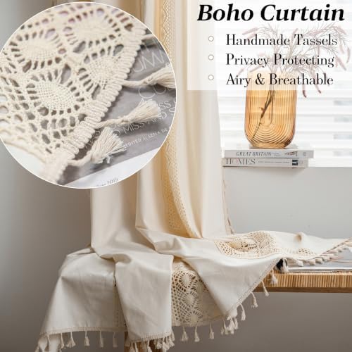 Sutuo Home Beige Boho Window Curtains for Living Room Bedroom 59" W x 84" L | Light Filtering Bohemian Vintage Chic Handmade Tassels Hollow,Window Treatment Rustic Farmhouse Drapes Rod Pocket,1 Panel