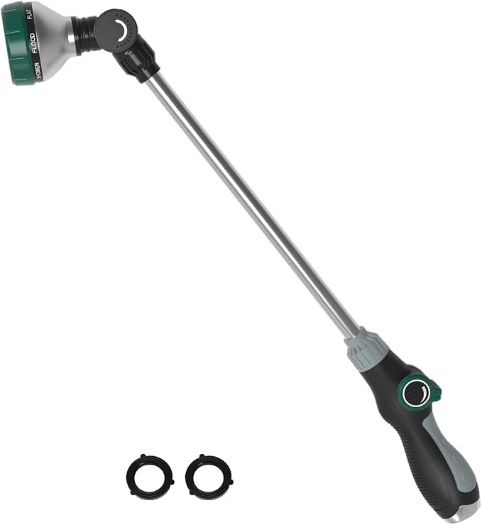 Watering Wand for Garden Hose, 24 Inch, 8 Spray Patterns, Garden Hose Nozzle with Thumb Flow Control, Adjustable Water Sprayer with Pivoting Head, Ideal for Hanging Baskets and Shrubs