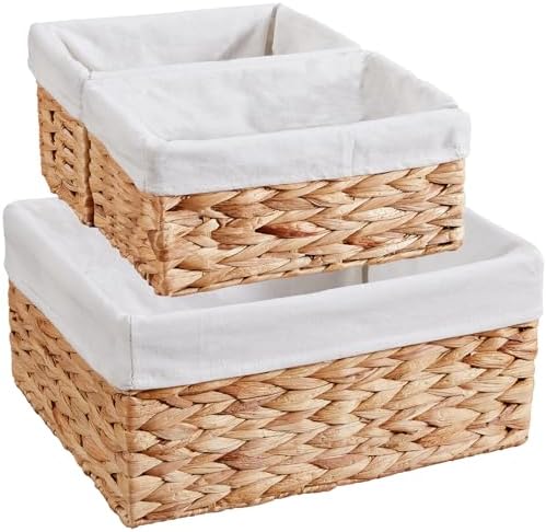 Vagusicc Wicker Basket, 3-Pack Water Hyacinth Wicker Storage Basket with Handles, Storage Baskets for Organizing, Large Hyacinth Storage Baskets for Shelves with Liner (Water Hyacinth Baskets Set)
