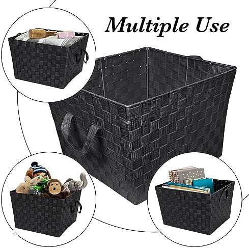 Simplify Large Woven Strap Tote | Decorative Storage Basket | 2 Handles | Organization | Closet | Bedroom | Bathroom | Nursery | Accessories | Toys | Gifts | 2 Pack | Black
