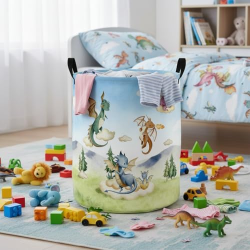 Baby Laundry Basket Baby Nursery Hamper Kids Laundry Basket Toy Storage Bin for Boys Room Decor Gift Baskets for Bedroom Bathroom(Flying Dinosaur)