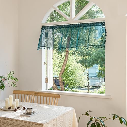 Sutuo Home Boho Valance Tier Curtains Crochet Lace Sheer Bohemian Hollow Knitted with Tassels, Privacy Vintage Rustic Farmhouse Drapes for Kitchen, Rod Pocket 1 Panel 59" W x 36" L, Turquoise