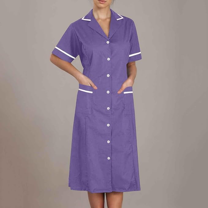 Women's Short Sleeve Work Dress Lapel Button Front Nursing Workwear Casual Housekeeping Scrubs Dress with Pockets