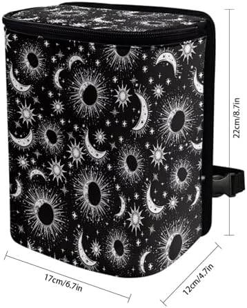 Celestial Sun Moon Stars Print Trash Can for Car Leakproof Garbage with Lid and Zipper Trash Bin Hanging Back of Seat Auto Interior Accessories Universal Fit Most Truck SUV Van