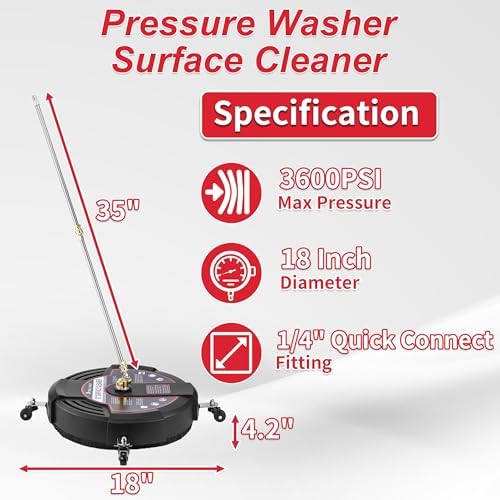 Tool Daily 18” Surface Cleaner for Pressure Washer with 4 Wheels, 40 Degree Surface Cleaner Tips