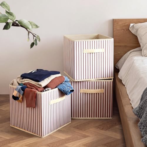 Amyhill 6 Pack Khaki Striped Basics Collapsible Fabric Storage Bins | with Handles, Foldable Storage Cubes, 11 Inch, Closet Decorative Organizer, Baskets for Shelves Units, Home, Dorm
