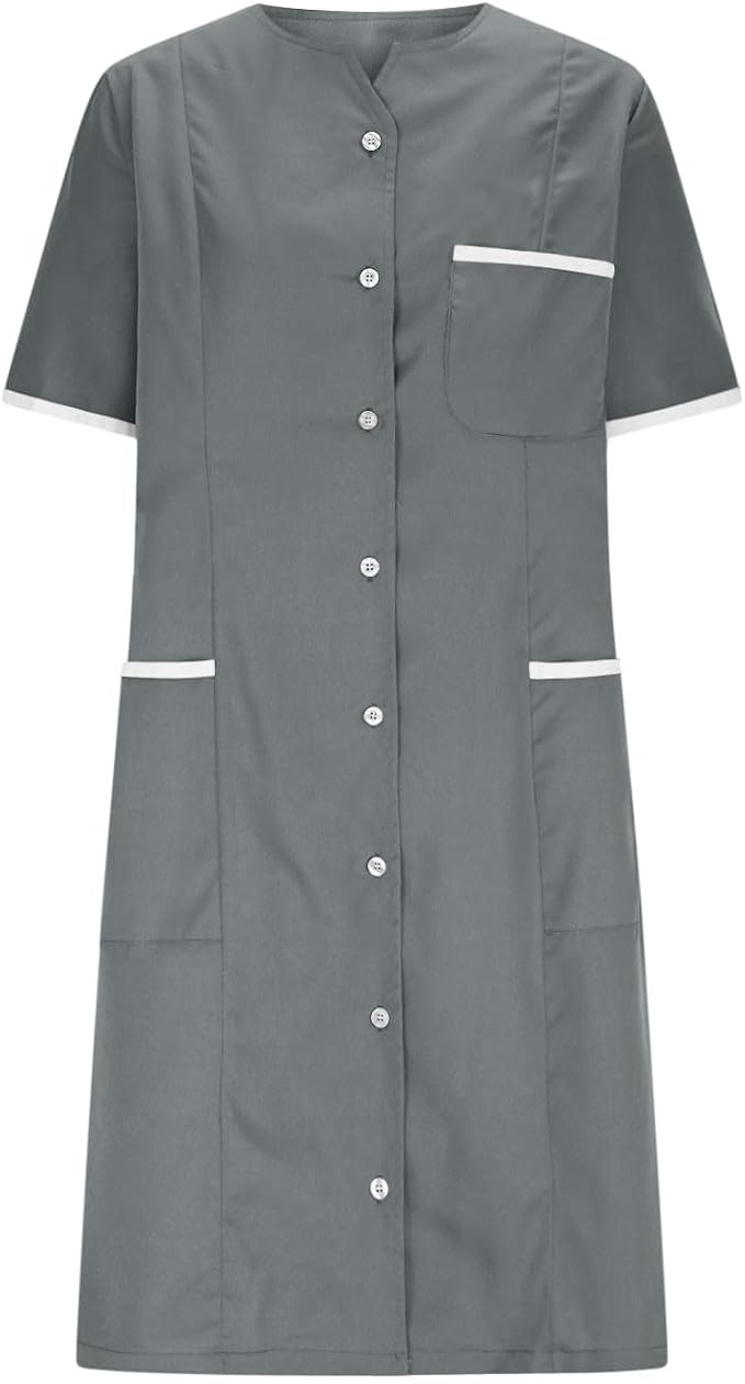 Scrubs Dress for Women - Button Front Nursing Workwear - Casual Housekeeping Dresses with Pockets