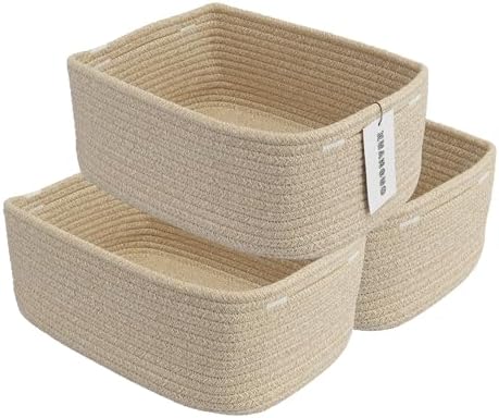 XUANGUO Small Woven Storage Baskets for Shelves, 13" x 9" x 5", Oatmeal | Decorative rope storage bins for closets and toy storage; cute organizer baskets, empty gift baskets and nursery storage.