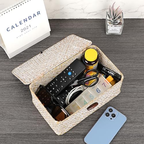 Sumnacon Wicker Basket with Lid,Tampon Holder for Bathroom,Whitewash,S | Natural Seagrass Female Product Organizer for Toiletries Pad Tampon Storage,Farmhouse Woven Baskets for Shelf, Toilet Tank