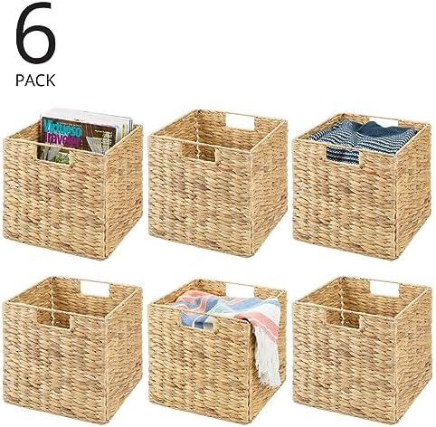 mDesign Natural Woven Hyacinth Cube Organizer Basket with Handles, Storage for Bathroom, Laundry Room Shelf or Nursery - Perfect for Cubby Storage Units - Hold Blankets and Books - 6 Pack, Natural/Tan