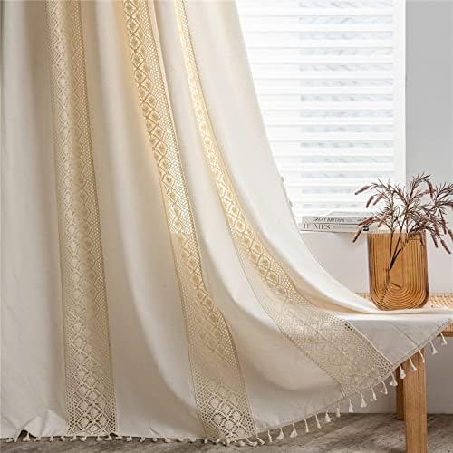 Sutuo Home Boho Curtain Crochet Dots Patchwork Semi-Blackout Bohemian Handmade Tassels, Rod Pocket Window Treatment Vintage Rustic Farmhouse Drapes for Living Bedroom, 1 Panel 59" W x 96" L, Beige