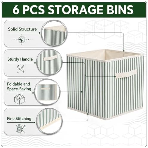 Amyhill 6 Pack Green Striped Basics Collapsible Fabric Storage Bins | with Handles, Foldable Storage Cubes, 11 Inch, Closet Decorative Organizer, Baskets for Shelves Units, Home, Dorm