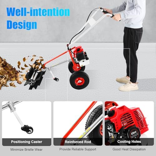 Handheld Lawn Sweeper, 43CC 1.7HP 2 Stroke Gas Power Push Sweeper Gasoline Walk Behind Snow Lawn Sweeper Brush Broom Sweeping Machine for Garden Yard Sidewalk Driveway Turf Grass Cleaning Tool