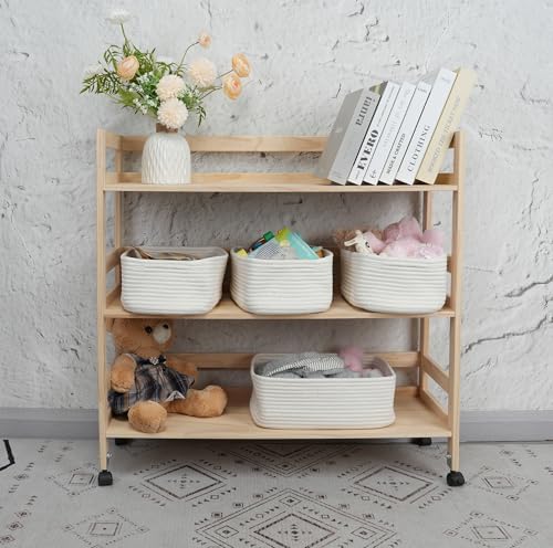 XUANGUO Small Woven Storage Baskets for Shelves, 12" x 8" x 5", White | Decorative rope storage bins for closets and toy storage; cute organizer baskets, empty gift baskets and nursery storage.