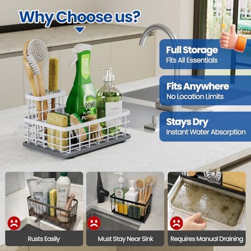 Kitchen Sink Organizer, Large Sink Caddy with Sponge Holder & Diatomite Mat | Cleaning Supplies in One Place, Kitchen Countertop Organizer, Home Essentials, Brush Holder, Quick Dry Tray, Fewer Puddles