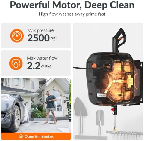 Giraffe Tools 65 FT Retractable Wall Mount Pressure Washer G20B, 2500 PSI | 2.2 GPM, Automatic Rewind with 180° Swivel Bracket, 5 Nozzles, Foam Cannon for Car, Fences and Patio Cleaning, Dark Silver