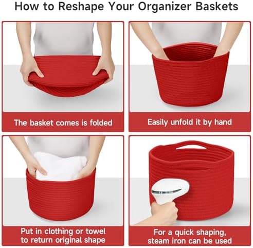 3 Pack Small Rope Storage Baskets, 9.82×9.82×7.1", Red | Cotton Basket for Gifts Empty, Cute Round Woven Basket, Decorative Shelf Basket Organizer, Organizing Basket for Shelves
