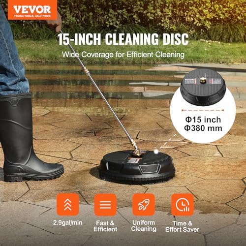 VEVOR 15 Inch Pressure Washer Surface Cleaner, 4000 PSI Universal Power Washer Accessory with 1/4 Inch Quick Connect, Heavy Duty Concrete Cleaner for Driveway, Patio, Floor and Sidewalk