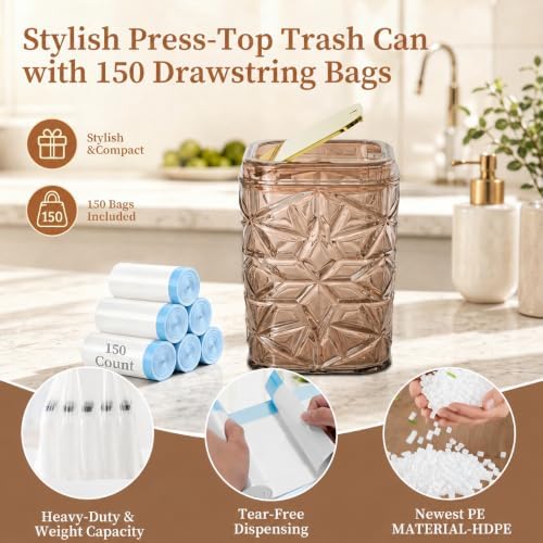2-Piece Snowflake-Textured Acrylic Trash Can Set with 150 Drawstring Bags, 4 Gallon Gold Press-Lid Wastebasket and Small Open-Top Desktop Bin for Bathroom, Bedroom, Office, Brown