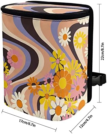 Boho Flower Hippie Daisy 70S 80S Wavy Swirl Y2K Aesthetic Car Accessories for Women Car Trash Can for Back of Seat Leak Proof Garbage Can with Lid and Zipper Collapsible Trash Bin Hanging