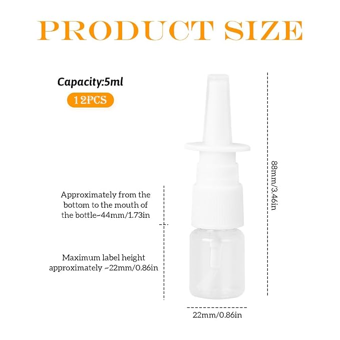 12Pcs Mini Plastic Nasal Spray Bottles - 5Ml Portable Empty Refillable Fine Mist Sprayers Cosmetic Perfume Makeup Water Storage Holder Container (Clear)