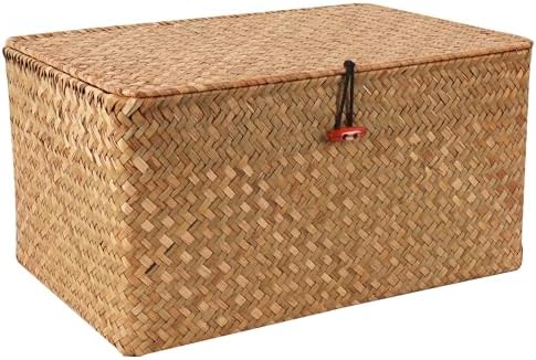 Moosky Wicker Shelf Baskets with Lid,Natural Seagrass Storage Basket Boxes Handwoven Rectangular Baskets Bins Multipurpose Home Organizer Decor (Large)