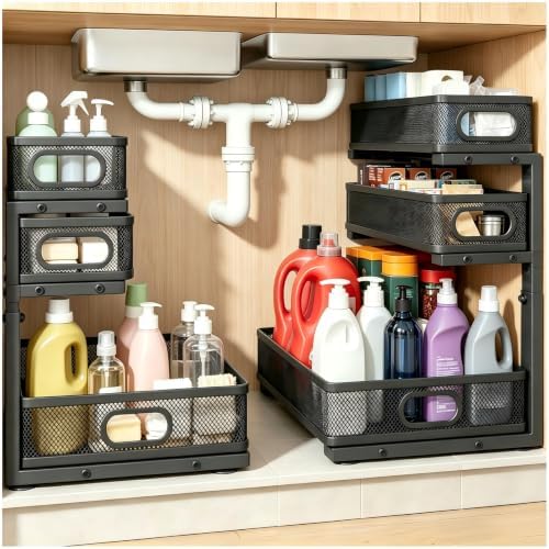 2 Pack Bathroom Under Sink Organizer, 3-Tier Pull Out Kitchen Cabinet Organizer with 5 Adjustable Heights Metal Slide Out Storage Makeup Drawer Rack for Bedroom Office Pantry Home Organization, Black