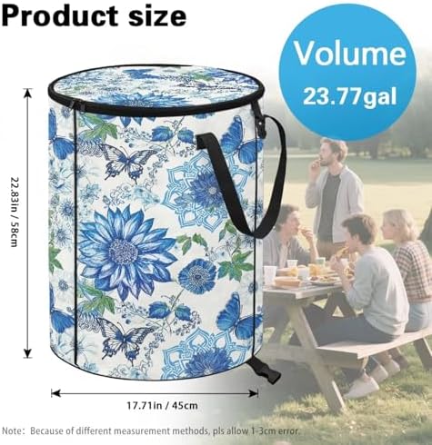 doginthehole Blue Floral Butterfly Collapsible Trash Can with Lid 20 Gallons Outdoor Waste Basket Bin Waterproof Garbage Cans Recycling Trash Can for Camping Beach Travel Yard Home Decorations