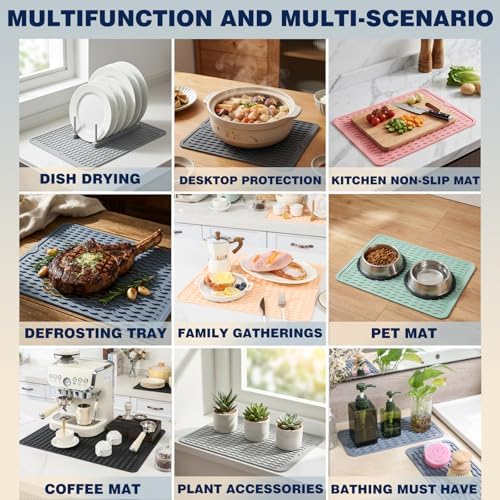 2 Pack Caketime Silicone Dish Drying Mat for Kitchen Counter Cooking Baking Under Sink Protector Espresso Machine Accessories Stone Rack Trays Drain Extra Large 24"x18"